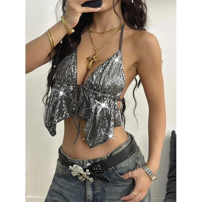 Kadın Metalik gümüş Pul  Detaylı Crop Askılı Önden Bağlama 5093