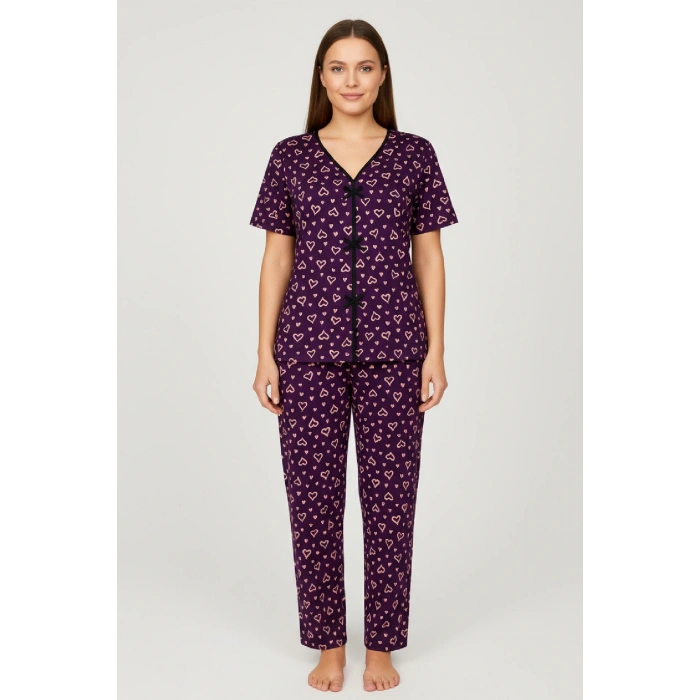 Kadın Mor Kalp Desenli Fiyonklu Kısa Kollu Uzun Pijama Takımı