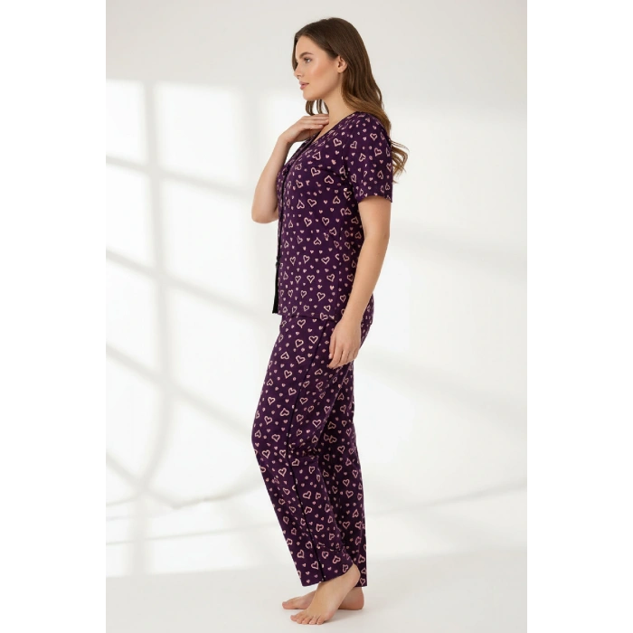 Kadın Mor Kalp Desenli Fiyonklu Kısa Kollu Uzun Pijama Takımı