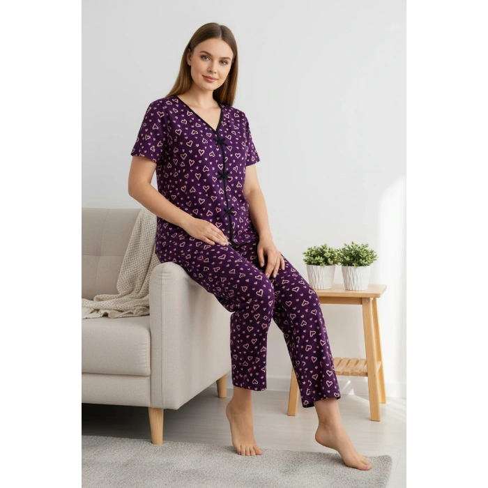 Kadın Mor Kalp Desenli Fiyonklu Kısa Kollu Uzun Pijama Takımı