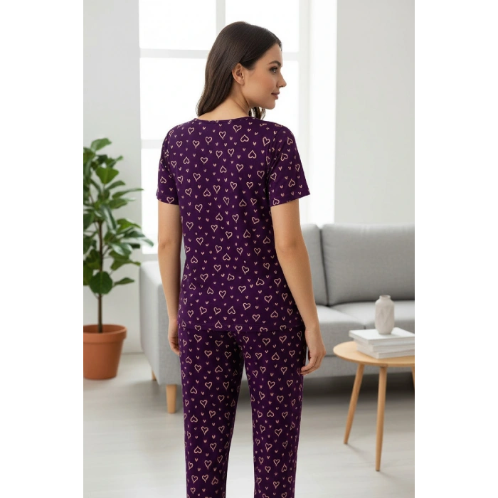 Kadın Mor Kalp Desenli Fiyonklu Kısa Kollu Uzun Pijama Takımı