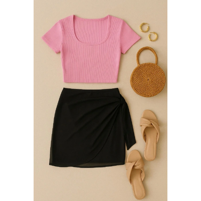 Kadın Pembe Yarım Kol Crop ve Siyah Pareo 2li Set