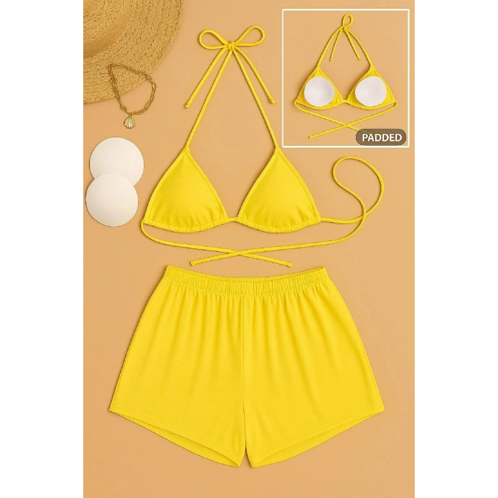 Kadın Sarı Şortlu Belden ve Boyundan Bağlamalı Bikini Takımı