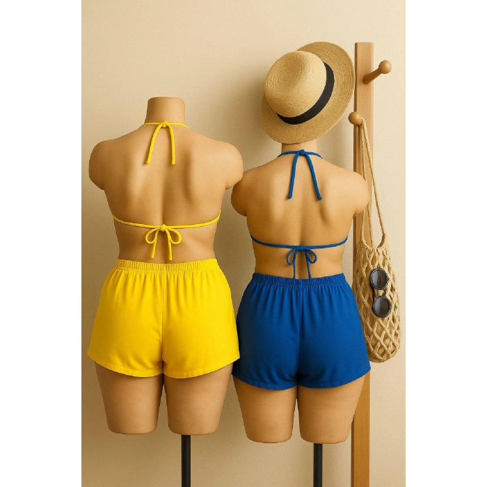 Kadın Sarı ve Mavi Şortlu Belden ve Boyundan Bağlamalı Bikini Takımı