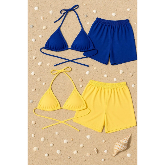 Kadın Sarı ve Mavi Şortlu Belden ve Boyundan Bağlamalı Bikini Takımı