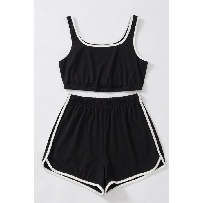 Kadın Siyah Askılı Crop Top ve Şortlu Gecelik Takım