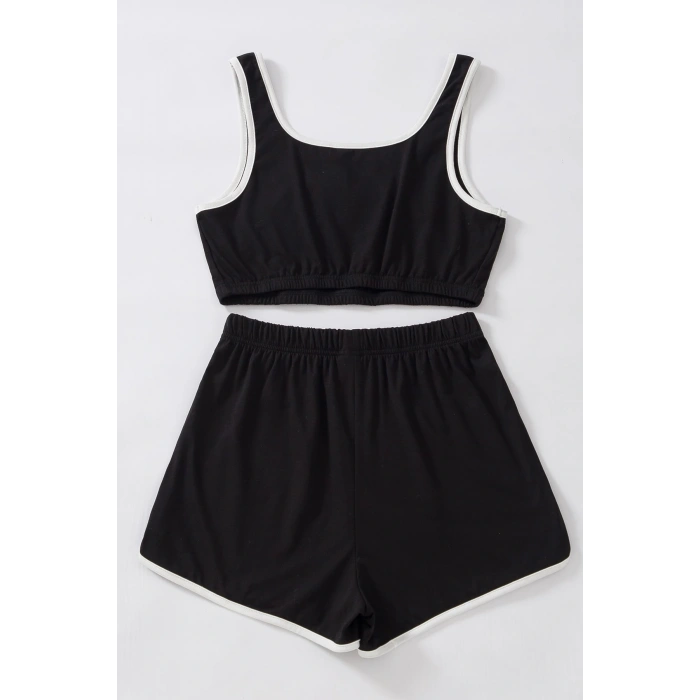 Kadın Siyah Askılı Crop Top ve Şortlu Gecelik Takım