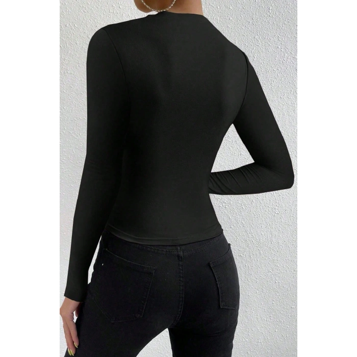 Kadın Siyah Belden ve Boyundan Büzgü Detaylı Uzun Kollu Bluz