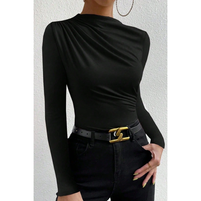 Kadın Siyah Belden ve Boyundan Büzgü Detaylı Uzun Kollu Bluz