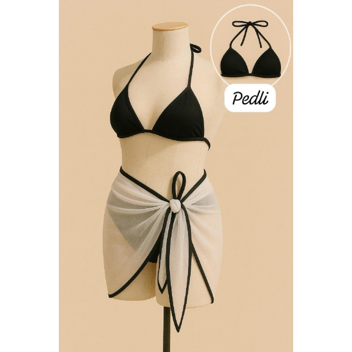 Kadın Siyah Beyaz Pareolu Yandan ve Boyundan Bağlamalı 3lü Bikini Takımı