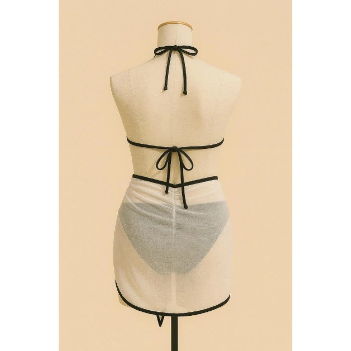 Kadın Siyah Beyaz Pareolu Yandan ve Boyundan Bağlamalı 3lü Bikini Takımı