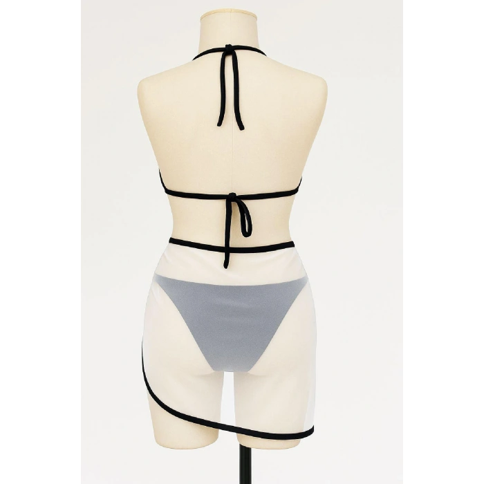 Kadın Siyah Beyaz Pareolu Yandan ve Boyundan Bağlamalı 3lü Bikini Takımı