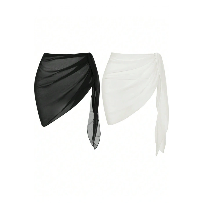 Kadın Siyah Beyaz Transparan Belden Bağlamalı Pareo 2li