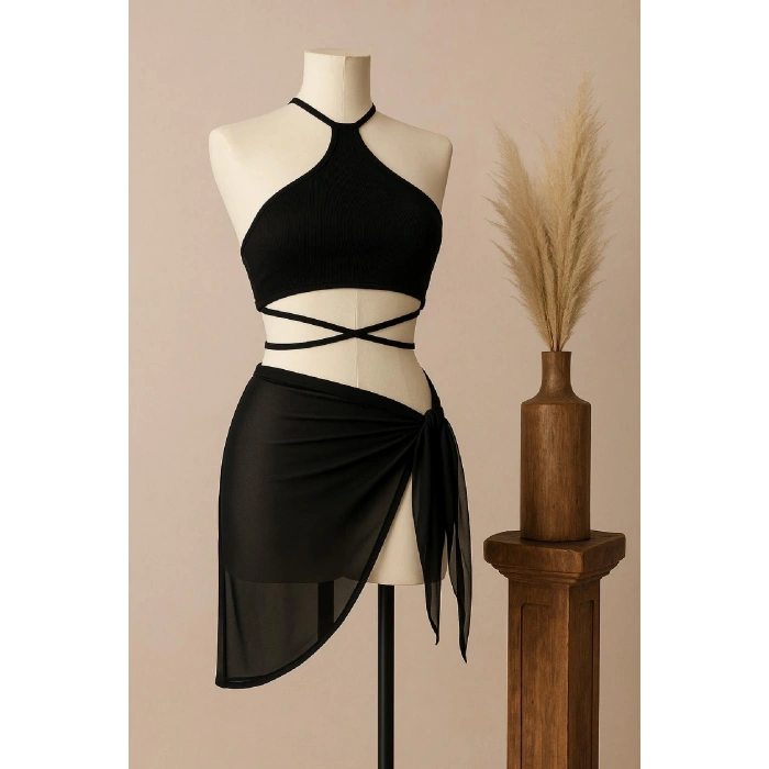 Kadın Siyah Çapraz Bağlamalı Crop ve Pareo 2li Set