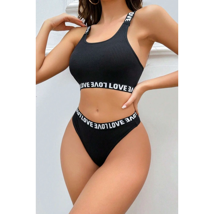 Kadın Siyah Çapraz Sırt ve Love Lastik Detaylı Sütyen Külot Takım