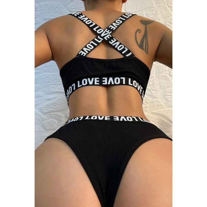 Kadın Siyah Çapraz Sırt Ve Love Yazı Detaylı Iç Çamaşır Takımı