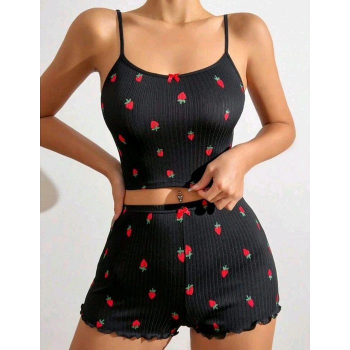 Kadın Siyah Çilek Desenli Seksi Gecelik Takım 5020