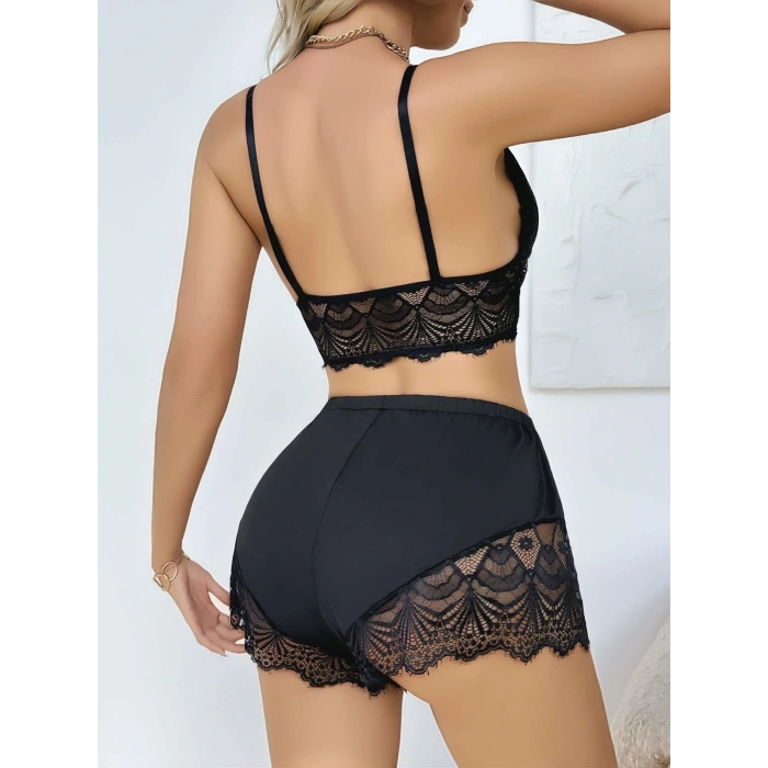 Kadın Siyah Dantel Detaylı Şortlu Pijama Takımı 5054