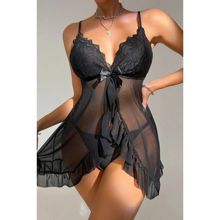 Kadın Siyah Dantelli, Fırfırlı Tül ve Fiyonk Detaylı Tangalı Gecelik Takımı