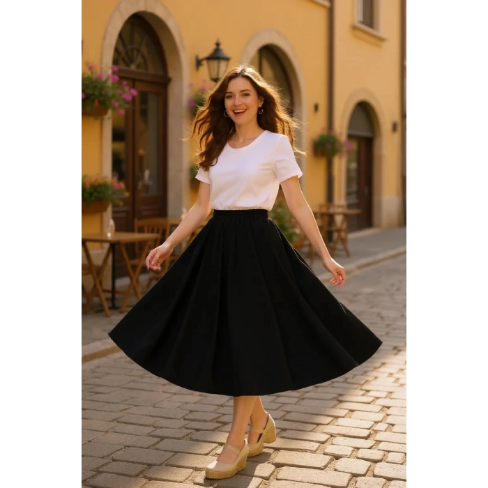 Kadın Siyah Double Kumaş Beli Lastikli Cepli Etek