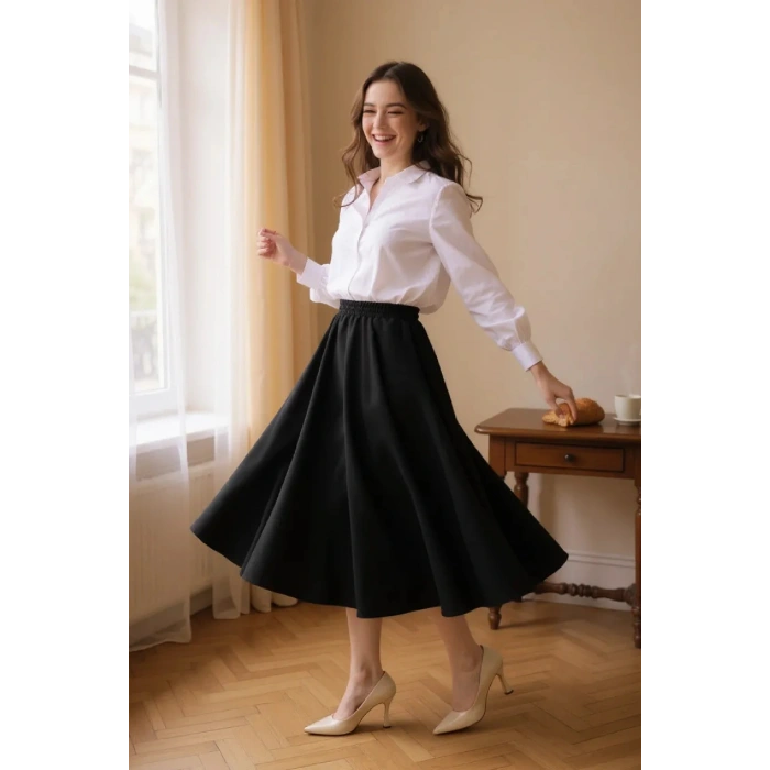 Kadın Siyah Double Kumaş Beli Lastikli Cepli Etek