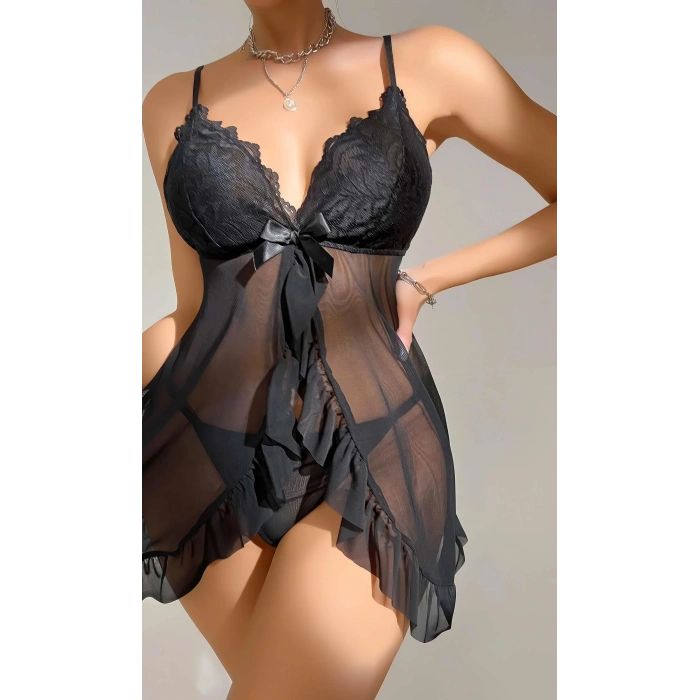 Kadın Siyah Fantezi Gecelik Tül Dantel detaylı fantezi gecelik 2117