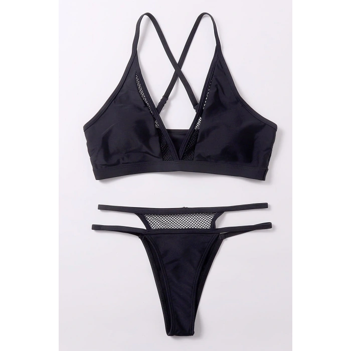 Kadın Siyah File Detaylı Iç Çamaşır Takımı