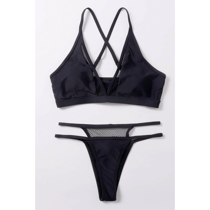 Kadın Siyah File Detaylı Özel Bikini Takımı
