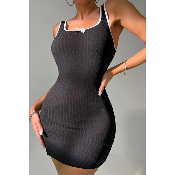 Kadın Siyah Fiyonklu Kaşkorse Gecelik Ve Tanga Takım