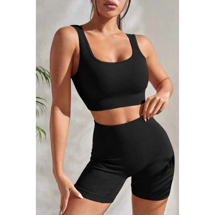 Kadın Siyah Kalın Askılı Yüksek Bel Şortlu Gecelik Takımı