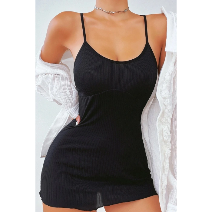 Kadın Siyah Kaşkorse Ince Askılı Şık Gecelik