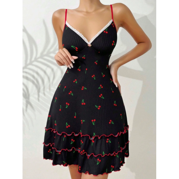 Kadın Siyah Kiraz Baskılı  Akılı Gecelik 5110