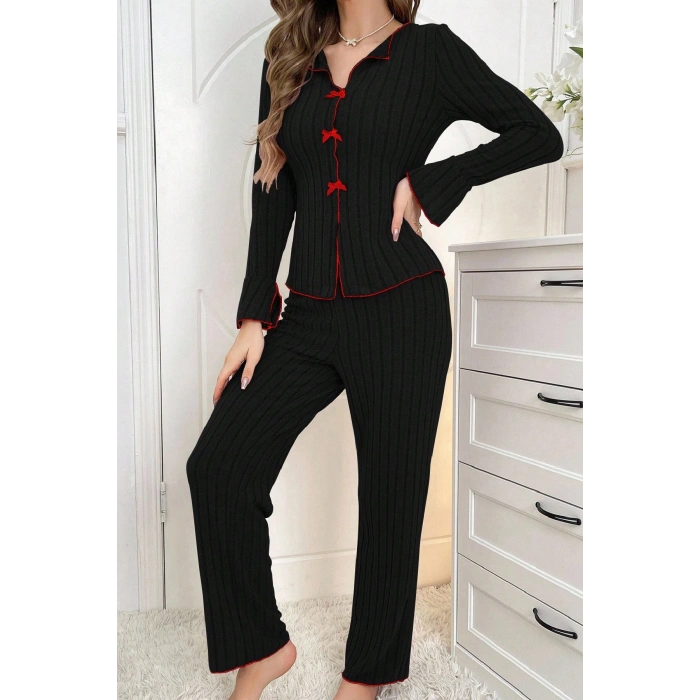 Kadın Siyah Kırmızı Biyeli ve Fiyonklu Uzun Kollu Mevsimlik Pijama Takımı