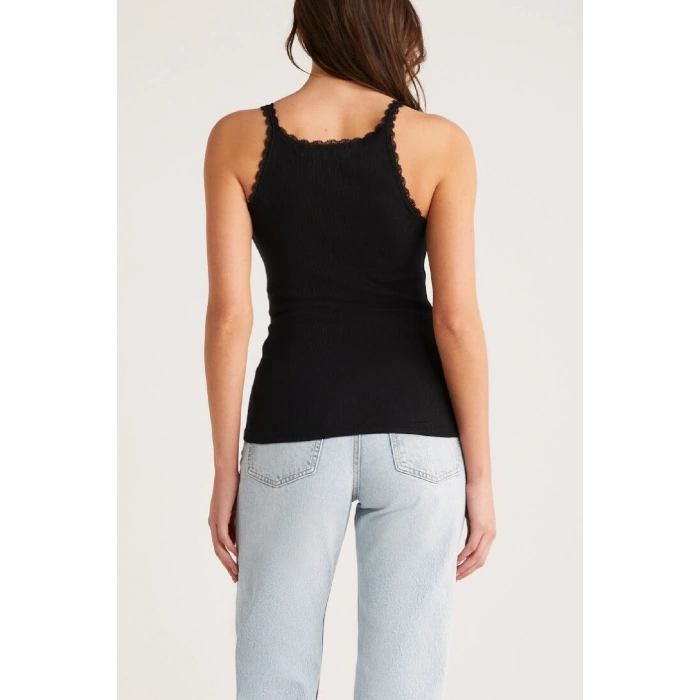Kadın Siyah Normal Kalıp Dantel Detalı Ince Askılı Oyuk Yaka Atlet