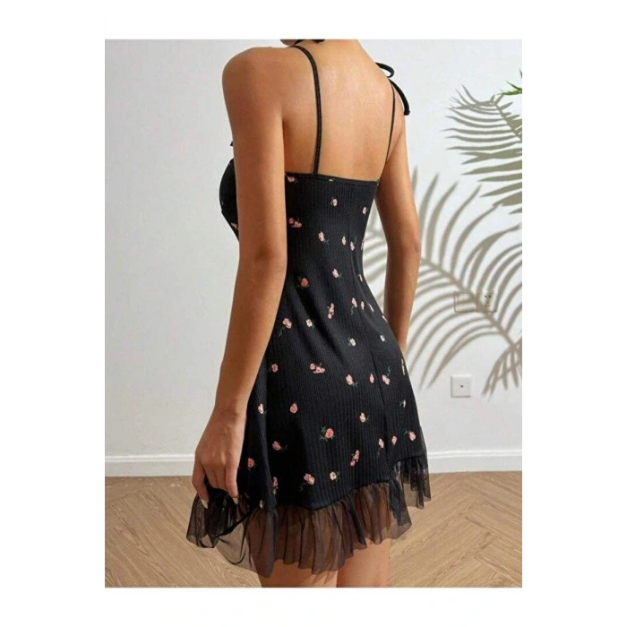 Kadın Siyah Pembe Gül Desenli Askılı Bağlamalı Dantel Detaylı Elbise 5072