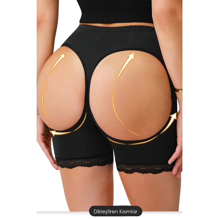 Kadın Siyah Pop Up Kalça Kaldırıcı ve Sekillendirici Dantel Paçalı Şort Külot