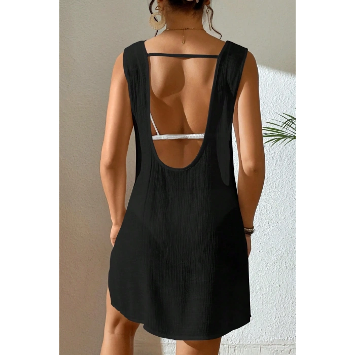 Kadın Siyah Sırt Detaylı Yırtmaçlı Plaj Elbisesi Pareo