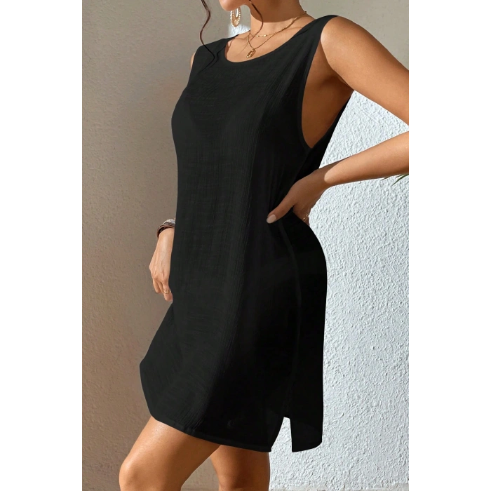 Kadın Siyah Sırt Detaylı Yırtmaçlı Plaj Elbisesi Pareo