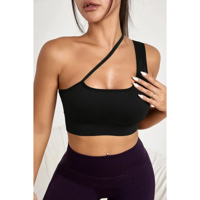 Kadın Siyah Tek Omuzlu Çapraz Askılı Crop Top Büstiyer