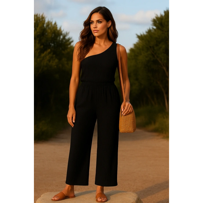 Kadın Siyah Tek Omuzlu Şık Bluz & Geniş Paça Pantolon İkili Takım