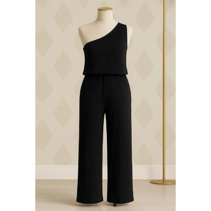 Kadın Siyah Tek Omuzlu Şık Bluz & Geniş Paça Pantolon İkili Takım