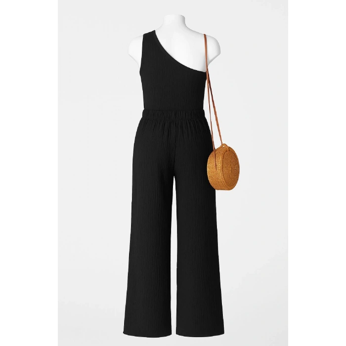 Kadın Siyah Tek Omuzlu Şık Bluz & Geniş Paça Pantolon İkili Takım