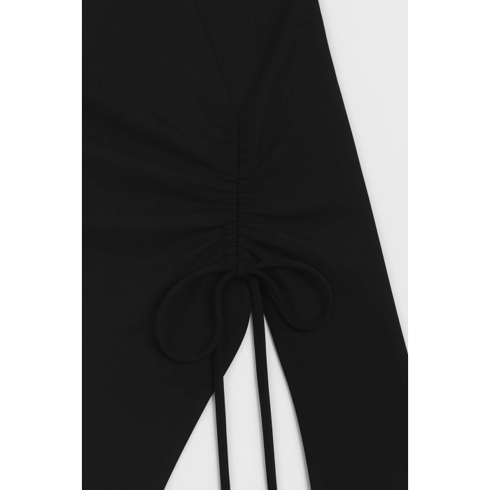 Kadın Siyah Uzun İspanyol Kollu Asimetirik Yaka Yandan Bağlamalı Drapeli Bluz