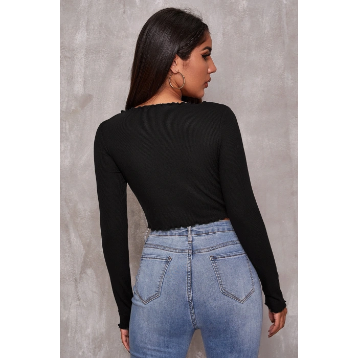 Kadın Siyah Uzun Kollu Büzdürme Bağcık Detaylı Crop Top Bluz
