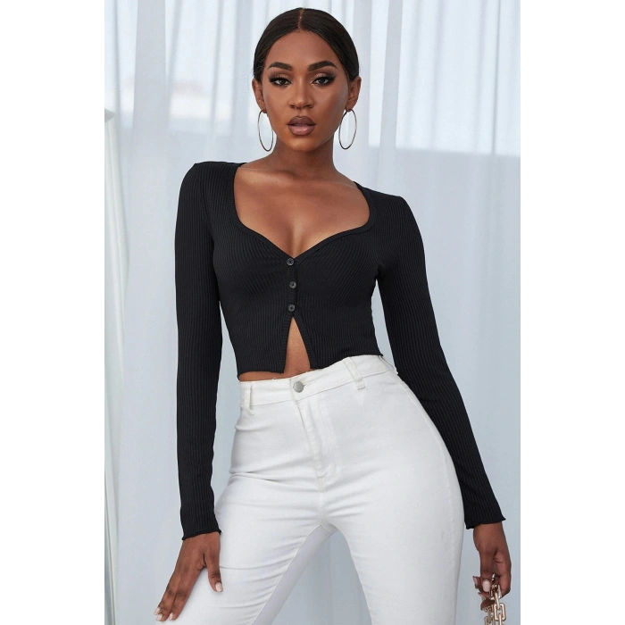 Kadın Siyah Uzun Kollu Düğmeli Göğüs ve Göbek Dekolteli Crop Top Bluz