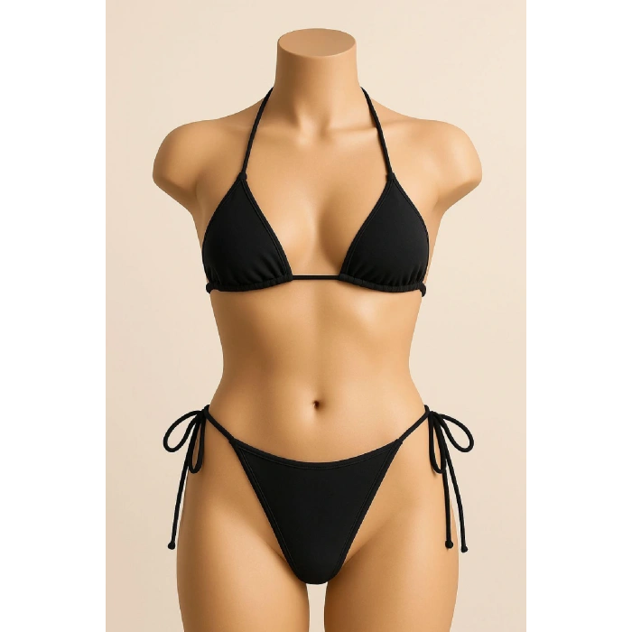 Kadın Siyah Yandan ve Boyundan Bağlamalı Bikini Mayo Takımı