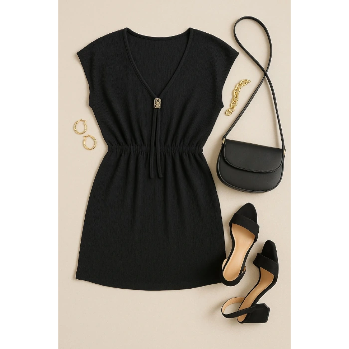 Kadın Siyah Yanları Yırtmaçlı Tokalı V Yaka Mini Plaj Elbisesi