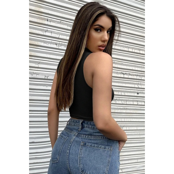 Kadın Siyah Yarım Fermuarlı Sıfır Kol Crop Top Bluz