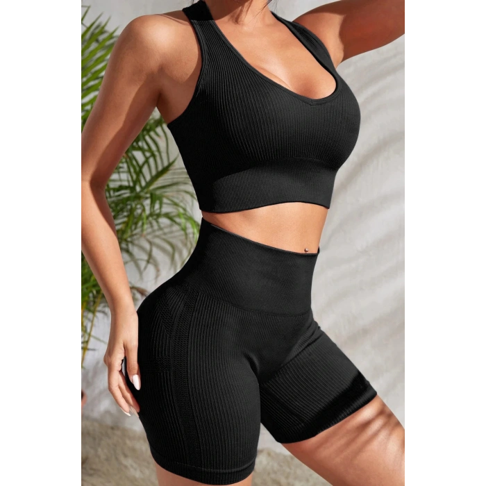 Kadın Siyah Yüksek Bel Çapraz Sırt Detaylı Şortlu Gecelik Takım