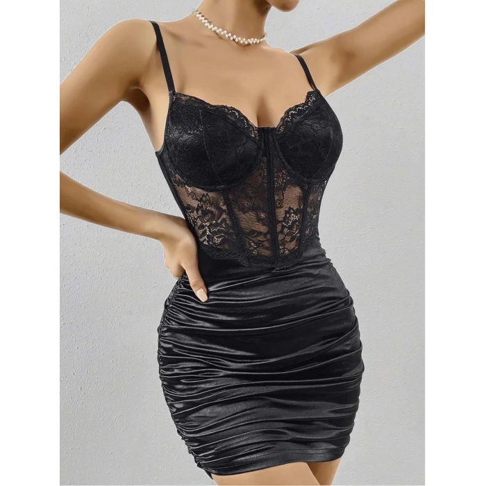 Kadın Siyah Zarif Kolsuz Elbise Seksi Dantelli Çiçek Desenli Fantezi Elbise 5149